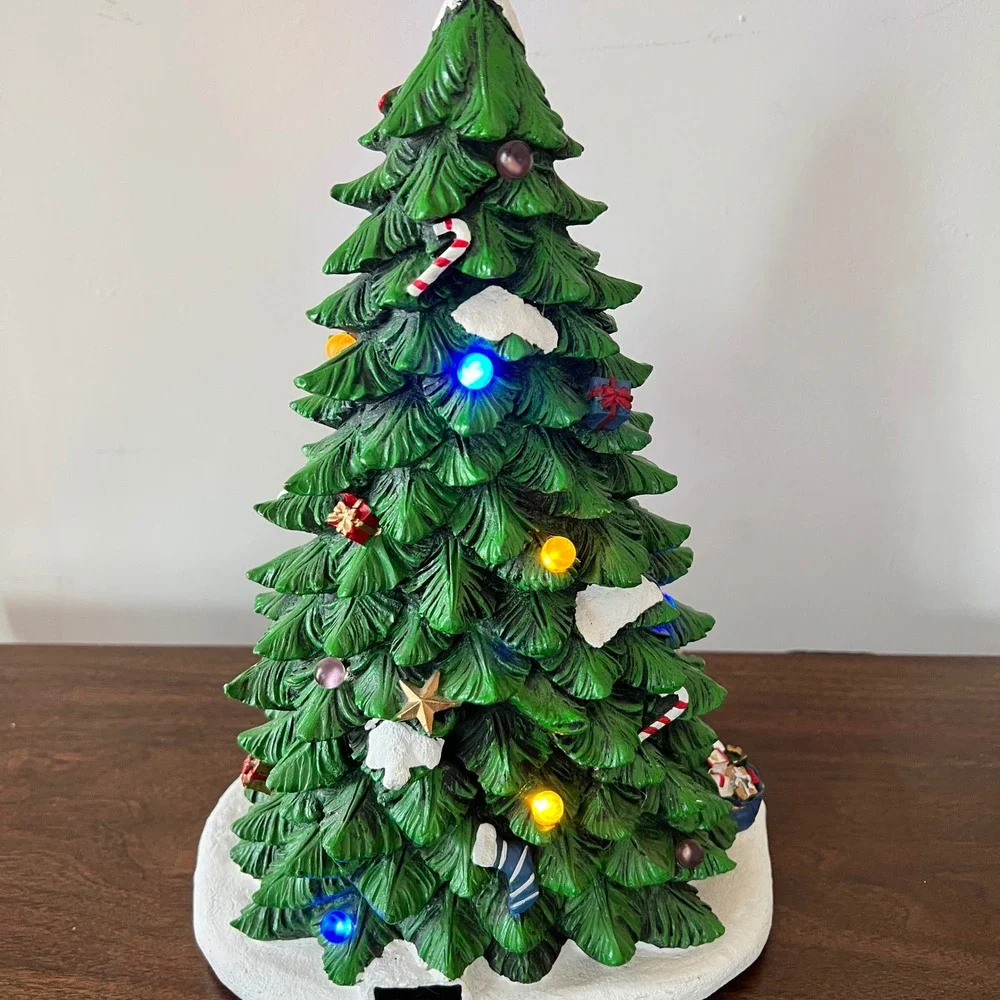 Costco Lighted Resin Christmas Tree Figurine Santa and Children Decorating Table